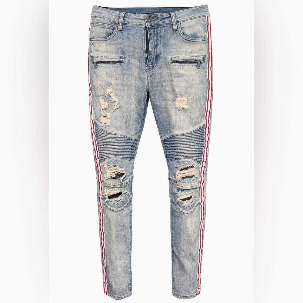 Rue21 Premium Blue Biker Denim Moto Jeans Skinny  Supreme Flex Men's Size 34X32